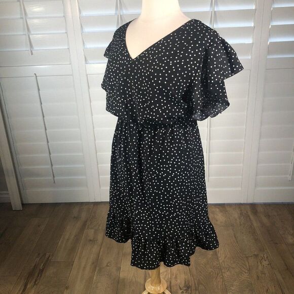 Black Polka Dot Dress Plus 4XL V Neck Flutter Blouson Lightweight Spring - Picture 3 of 11